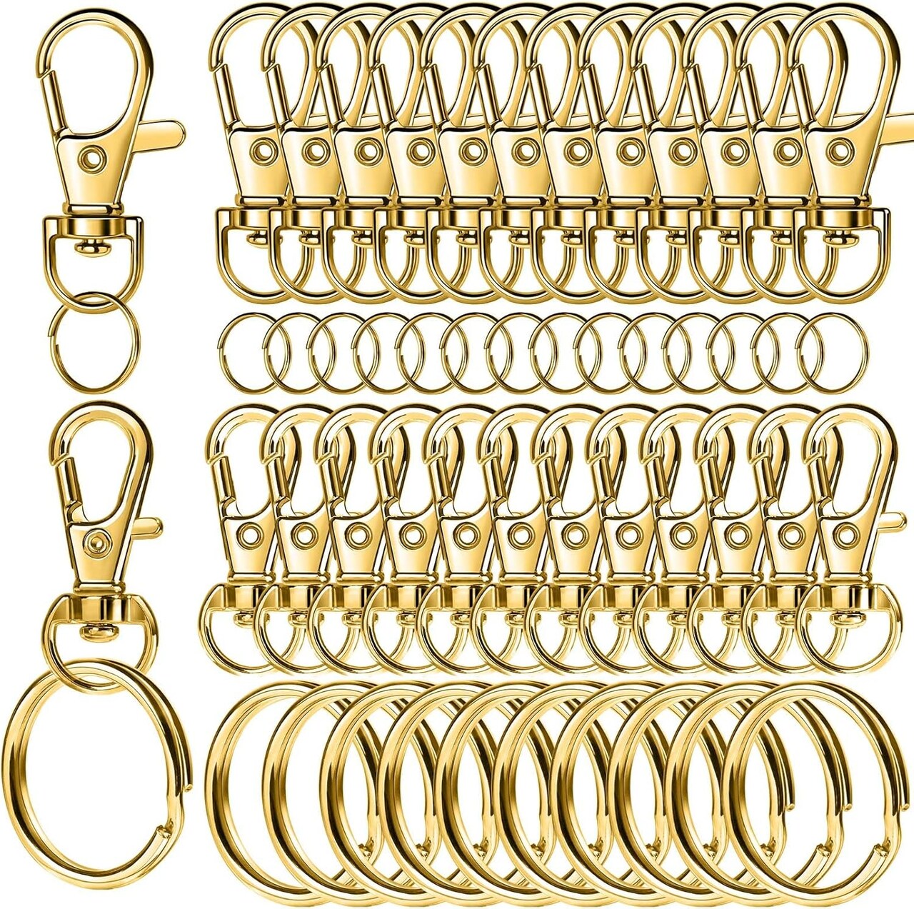 60-Piece Gold Keychain Making Set – Includes swivel snap hooks, key rings, keychain clips, and lobster claw clasps for keychains, jewelry, and crafts.